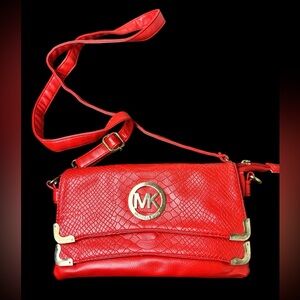 Michael Kors Red Leather Embossed Shoulder Bag